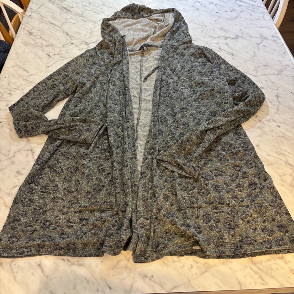 Lucky Brand Womens Leopard Print Hooded Open Front Cardigan Green Gray Size M